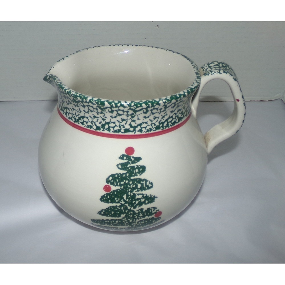 Vintage Italian Ceramic Christmas Tree Pitcher Green Sponge Ware Hand Painted